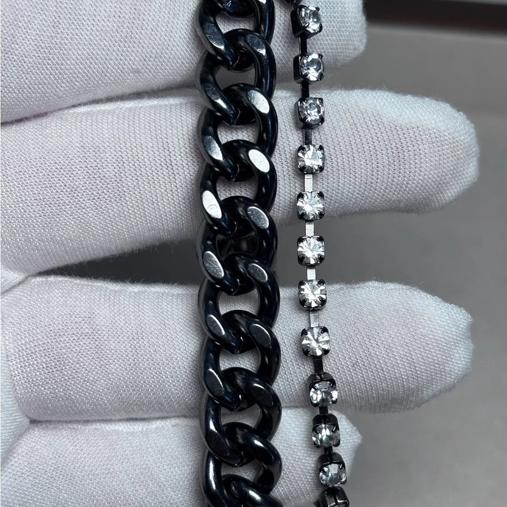 1937 Cubic Zirconia & Curb Chain Layered Black Bracelet